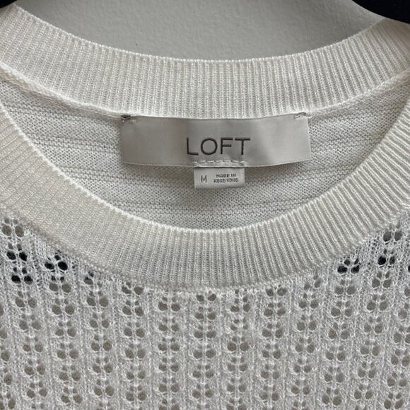 Loft Cream/White Ruffle Puff Sleeve Sweater Open Knit Tee Women's Size Medium - Picture 2 of 8